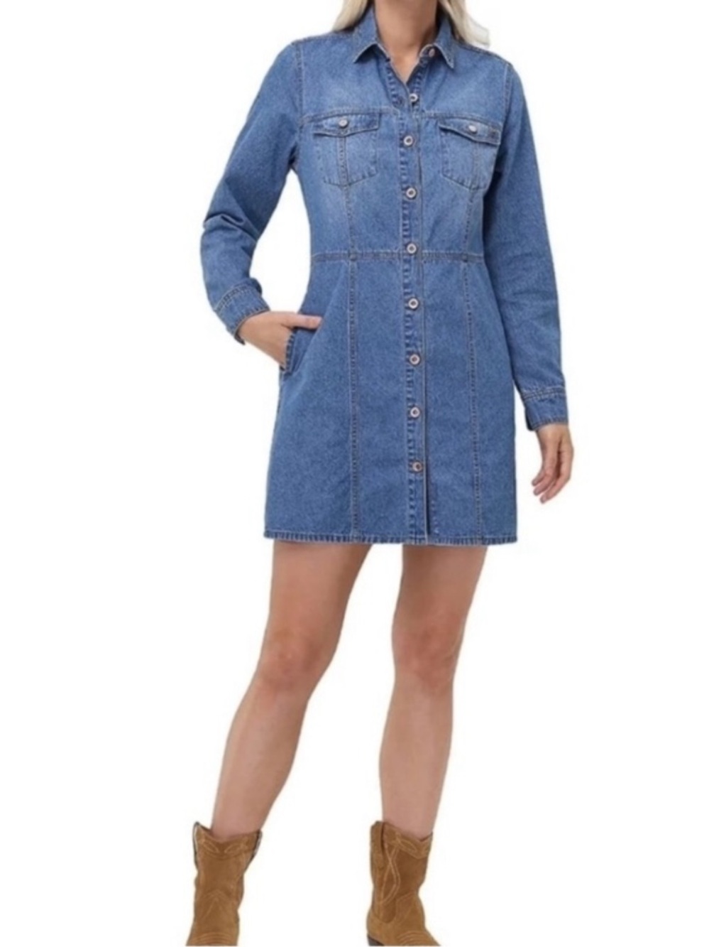 Frye Blue Long-Sleeve Denim Shirt Mini Jean Dress